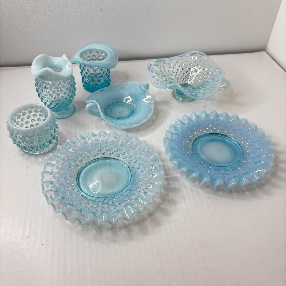 VTG Fenton Blue Opalescent Hobnail 7 pc lot Trinket Candy Dishes Votive Bud Vase - Picture 2 of 16